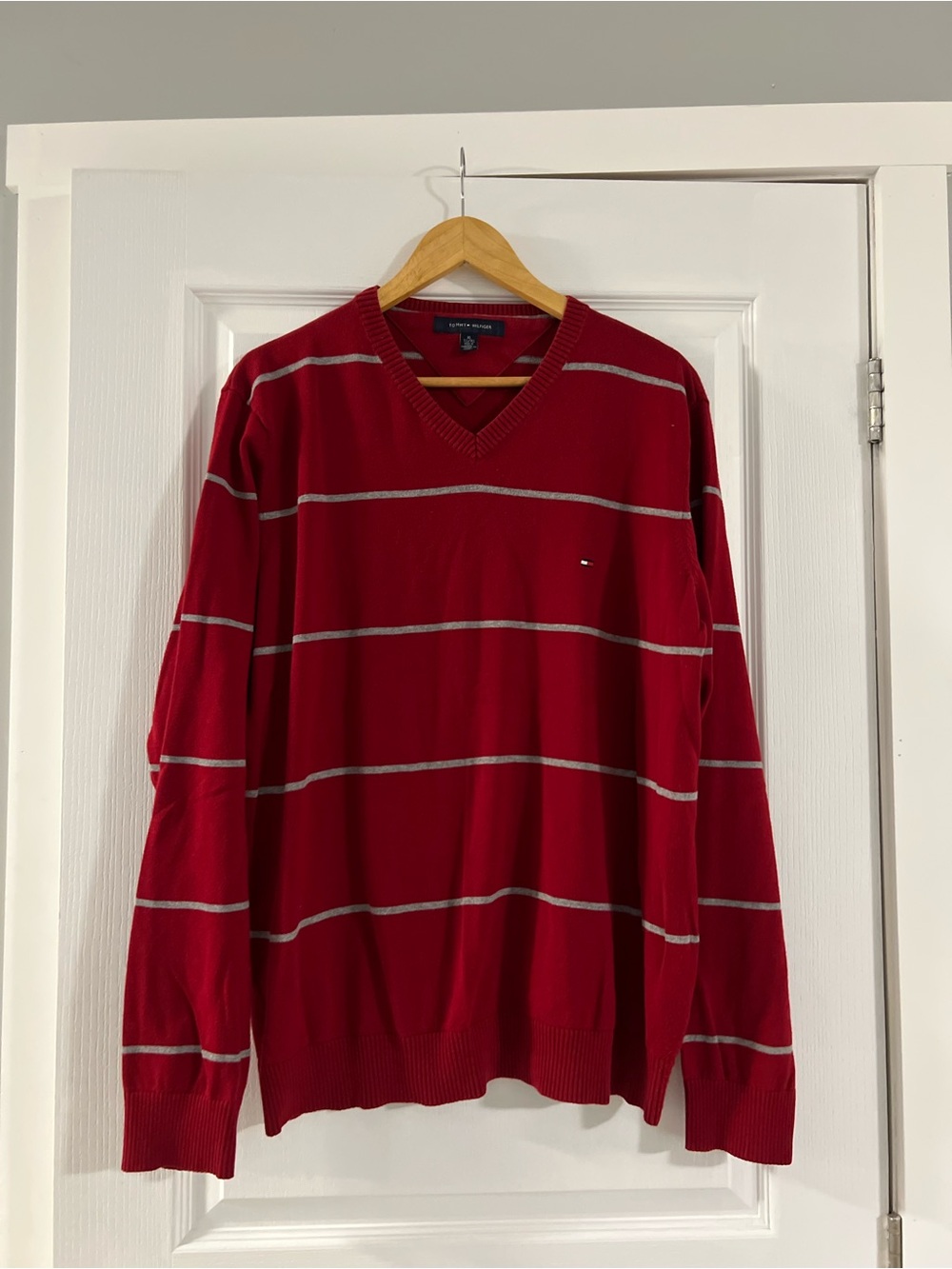 Tommy Hilfiger Red Striped V-Neck Sweater